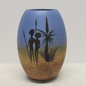 Vintage 80s Australian Studio Pottery David Rivett Hand Painted Aborigines Vase